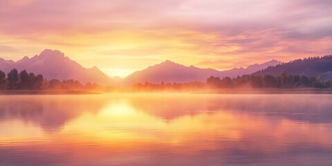 Fototapeta premium Scenic Sunrise at Oxbow Bend, Grand Teton Mountains with Vibrant Reflections on Snake River and Serene Mist, High-Resolution Nature Landscape Photography