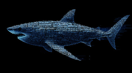 Naklejka premium digital shark composed of glowing text and coding symbols on a dark background representing cyber technology 
