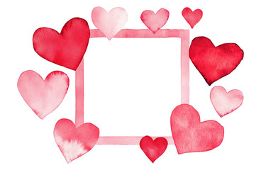 Watercolor heart frame with red and pink hues transparent image. Romantic heartshaped valentines card isolated cutout. Wedding frame. Love decoration cut out clipart design element png