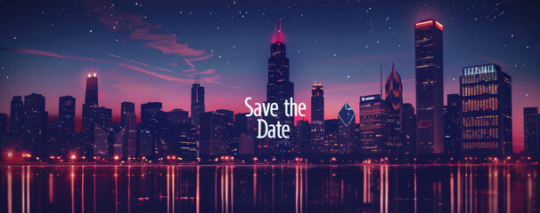 Modern Urban Save the Date Card Design Featuring Skyline and Glowing City Lights