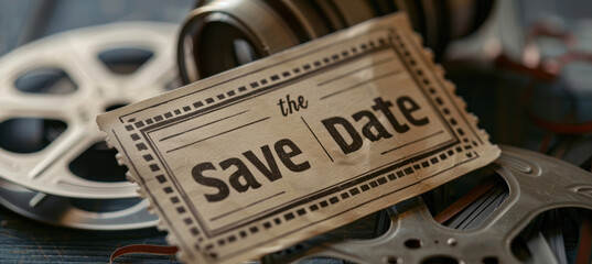 Cinematic Save the Date Invitation Design with Vintage Film Reel Elements
