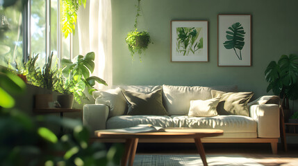 Peaceful living room with vibrant plants and natural sunlight.