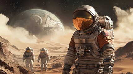 Astronauts conducting vital repairs on mars outer space digital art sci-fi environment wide angle exploration theme