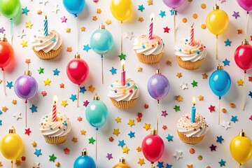 Festive birthday cupcakes with balloons and confetti.