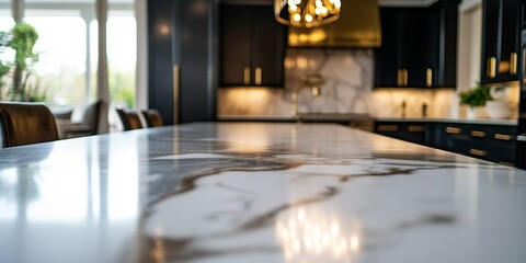 Luxurious Marble Dining Table with Brass Accents in Modern Kitchen Design | Black Cabinets, Gold Fixtures, and Chic Lighting
