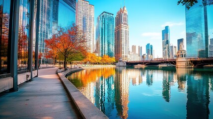 Fototapeta premium Vibrant urban cityscape citizens engaging with services by the reflective river