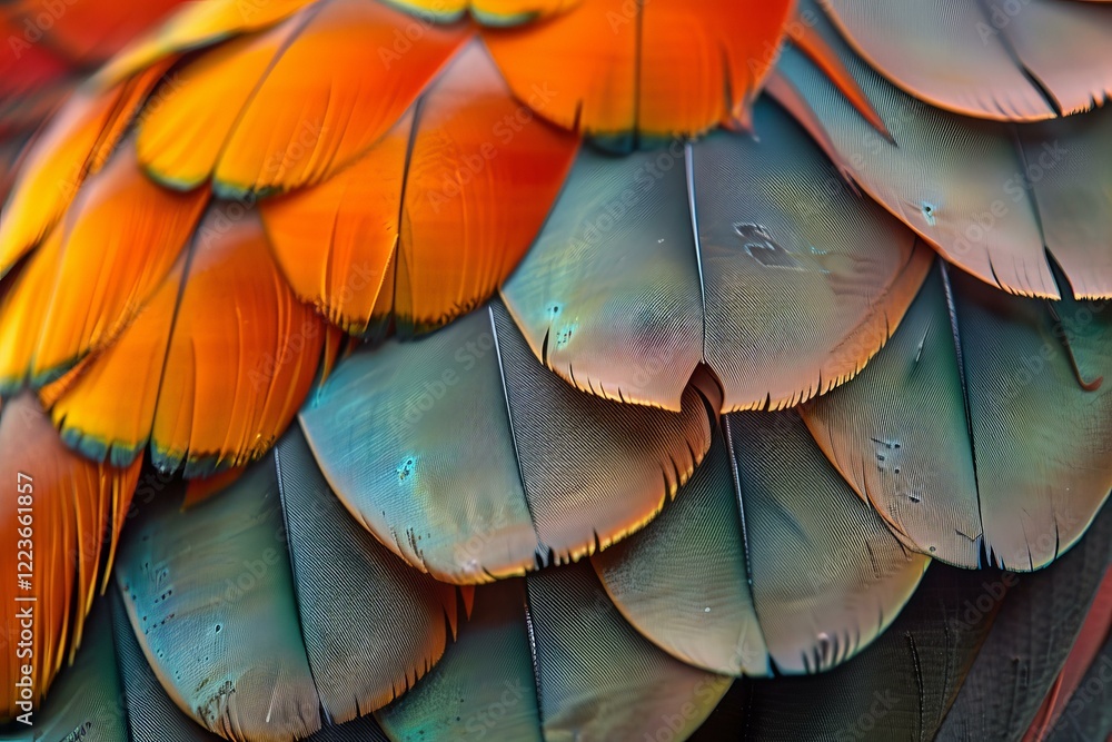 Poster close up view of vibrant overlapping feathers showing a beautiful natural pattern with iridescent co