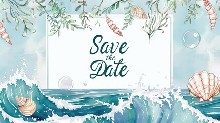 Romantic Beach-Themed Save the Date Card with Watercolor Waves and Seashell Accents