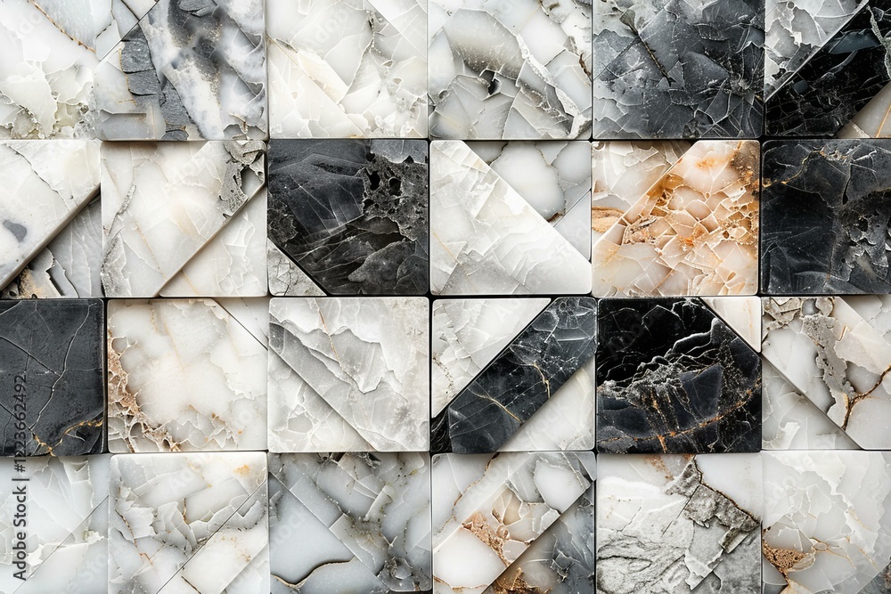 Poster close up of marble tiles creating a geometric design on a wall, showcasing various colors and textur