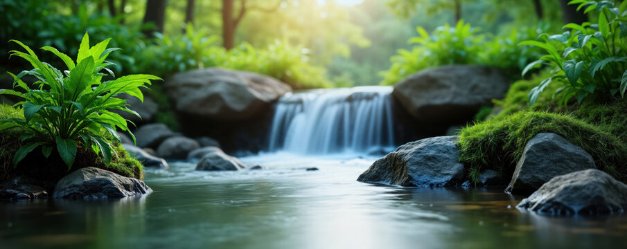 Serene waterfall flows over rocks in green plants. Peaceful natural scene. Water cascades over smooth stones. Green plants surround waterfall. Tranquil landscape. Quiet nature. Natural beauty.