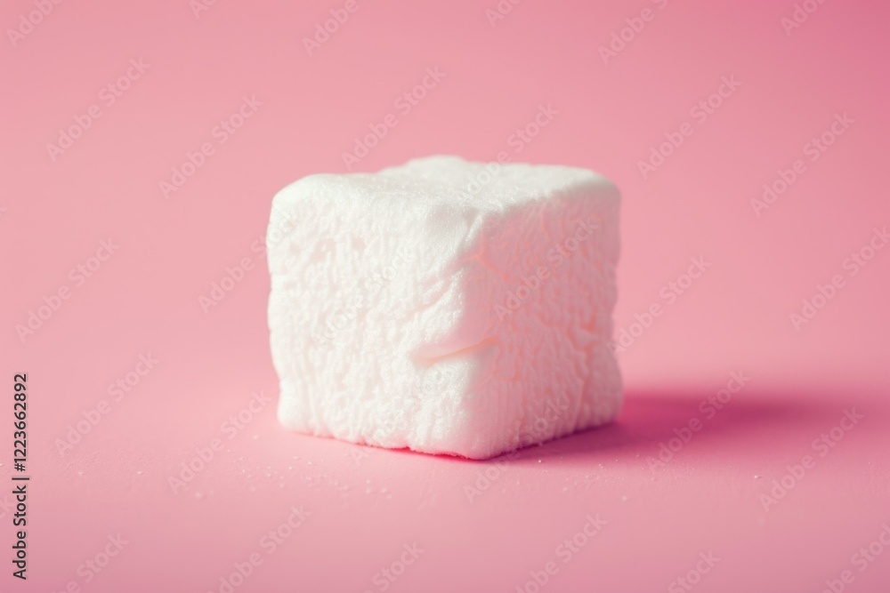 Poster close up of a white marshmallow cube on a vibrant pink backdrop, creating a simple yet visually appe