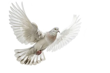 Obraz premium A stunning white pigeon glides effortlessly through the clear blue sky, wings extended wide in a display of beauty and grace, epitomizing freedom and elegance