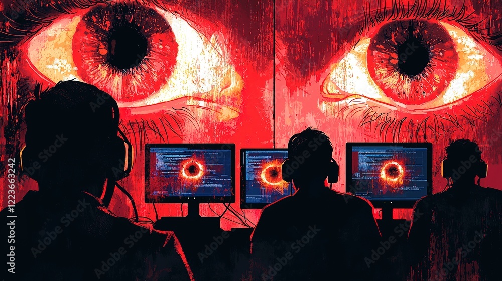 Poster cybersecurity team analyzing threats in high-tech lab digital workspace innovative techniques for se