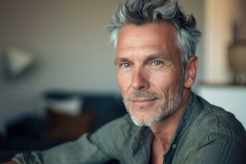 Confident mature man with stylish grey hair and beard posing at home