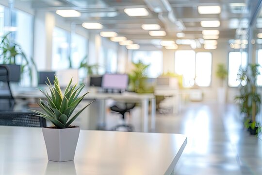 A stylish office space features a small potted plant on a desk, with bright sunlight illuminating the modern work environment filled with desks and computers
