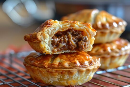 Flaky mini meat pies showing their savory filling, resting on a wire rack after baking - Powered by Adobe