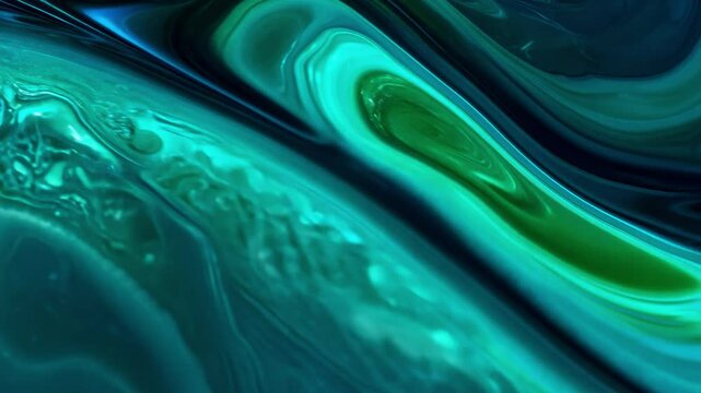 Dynamic lighting, liquid-like movements and iridescent surfaces, cool colors with emerald and teal, pulsing and morphing in place, internal light play enhances the fluid, shimmering forms