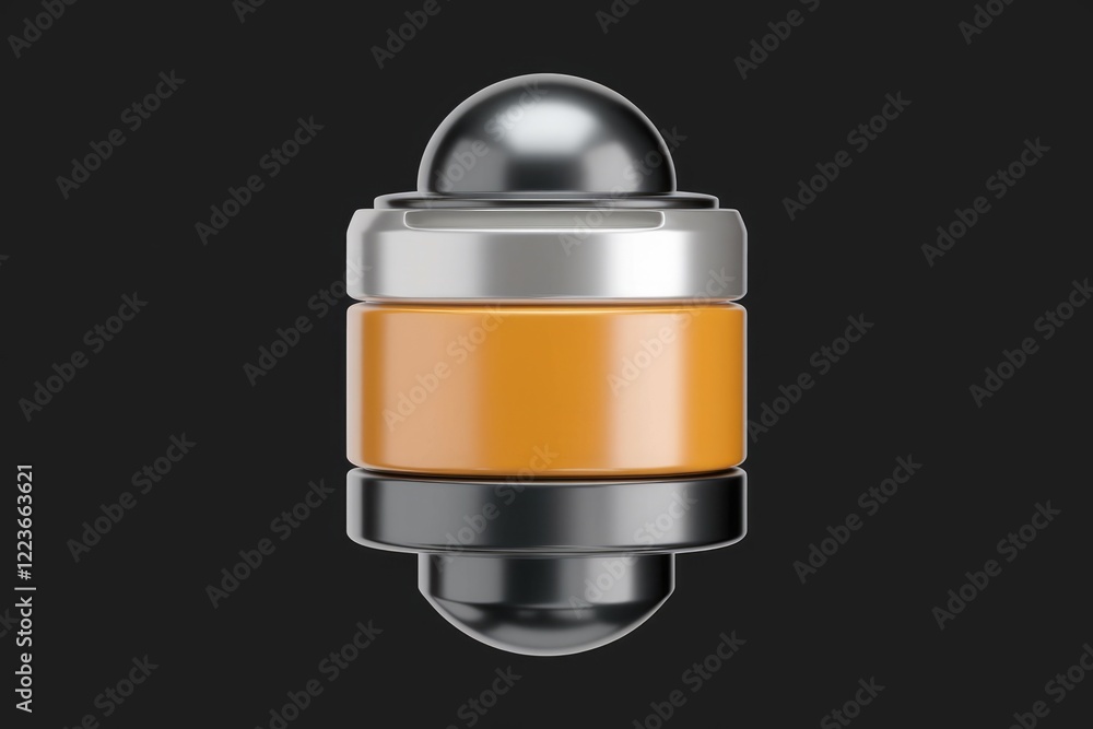 Poster a metallic object with a round top and bottom, and an orange middle section.