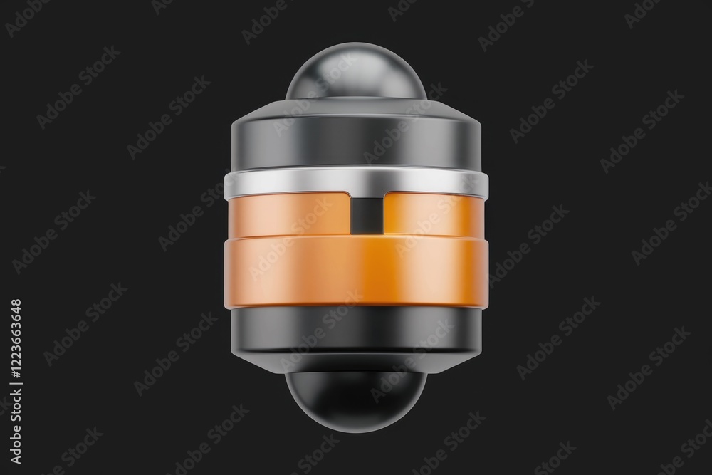 Poster a small, black and orange object with a round top and bottom.