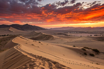 Naklejka premium Dramatic sunset over desert dunes and mountains.
