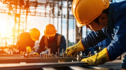 Construction workers performing tasks at industrial site daytime professional environment