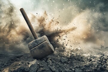 Dramatic Impact of Sledgehammer on Concrete at Construction Site for Industrial Design Projects