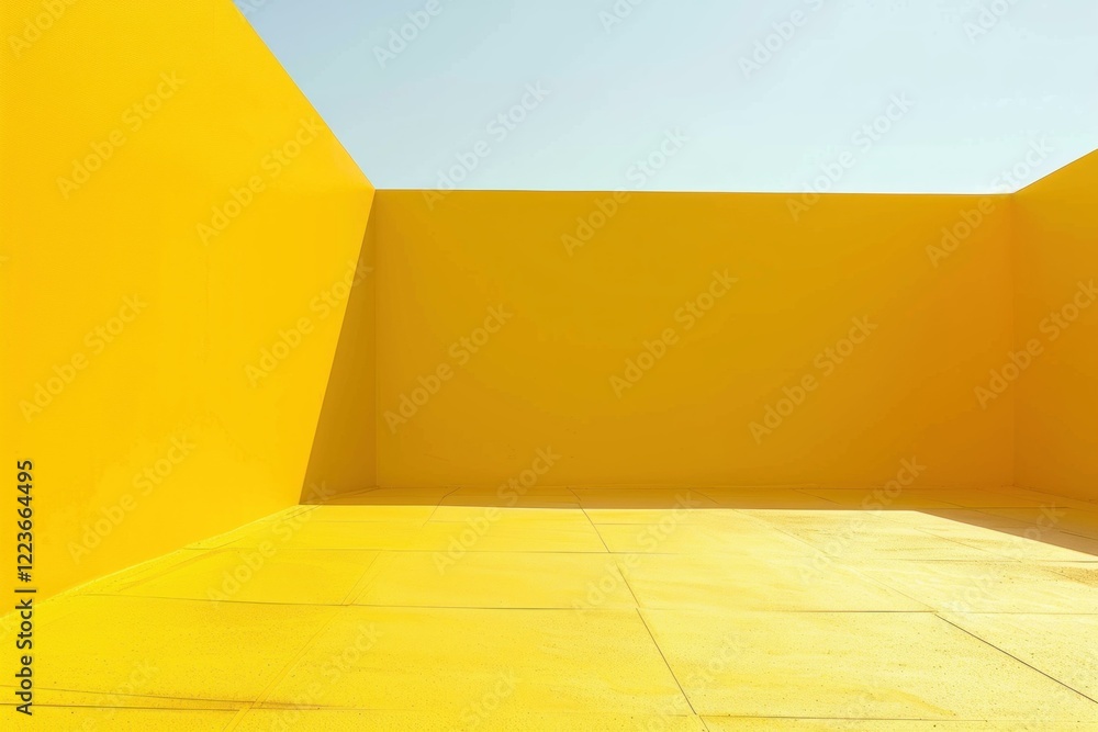 Aufkleber empty corner space with yellow walls and tiled floor under clear blue sky, creating a minimalist and