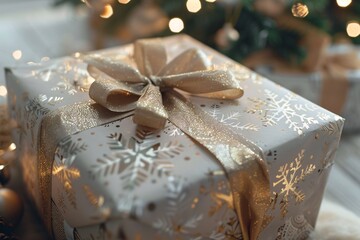 Christmas tree adorned with fairy lights holds a golden present wrapped in snowflake paper