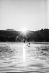 sunrise paddle board with the dog