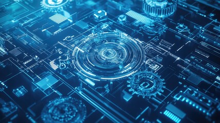 Obraz premium Futuristic Circuit Board Gears Technology Abstract Background for Digital Innovation