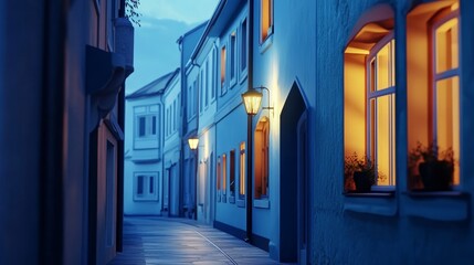 Fototapeta premium bright street scene with blue houses and yellow windows illuminated by light