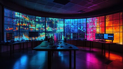 Interactive analytics workspace with glowing visuals tech hub data analysis modern environment aesthetic viewpoint