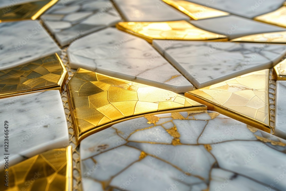Poster close up of a mosaic showcasing intricate patterns of gold and marble, creating an opulent and luxur