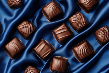 Naklejka premium Brown chocolates on a background of dark blue fabric