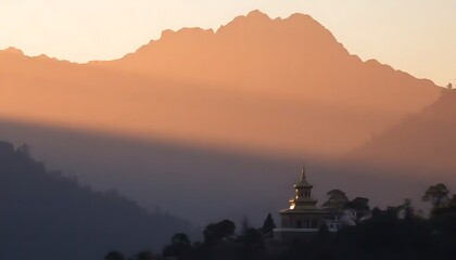 Obraz premium Golden Sunset Illuminates Mountain Temple Silhouette