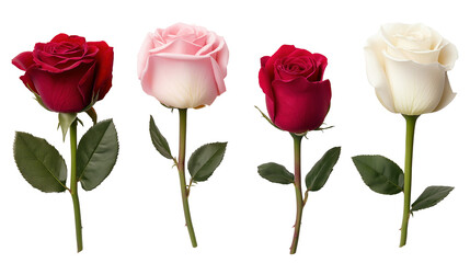 Obraz premium Classic roses in red, pink and white image set isolated transparent. Flowers romantic florals cut outs photo png collection. Arrangement of Valentine day flora cutouts elements objects
