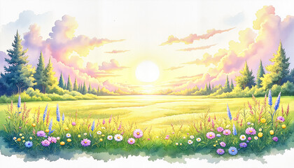 Fototapeta premium Sunrise over a colorful meadow with wildflowers and trees