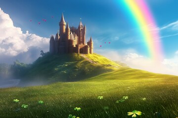 A magical castle surrounded by green hills and a rainbow in a bright blue sky.