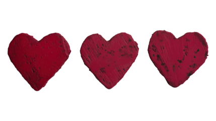 Three rustic red hearts with weathered textured image set isolated transparent. Vintage charm. Heartshaped shapes cut outs photo png collection. Heart ornaments cutouts elements objects