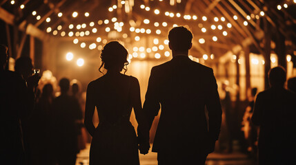 A romantic silhouette of a couple holding hands walking into a beautifully lit wedding venue with warm string lights  
