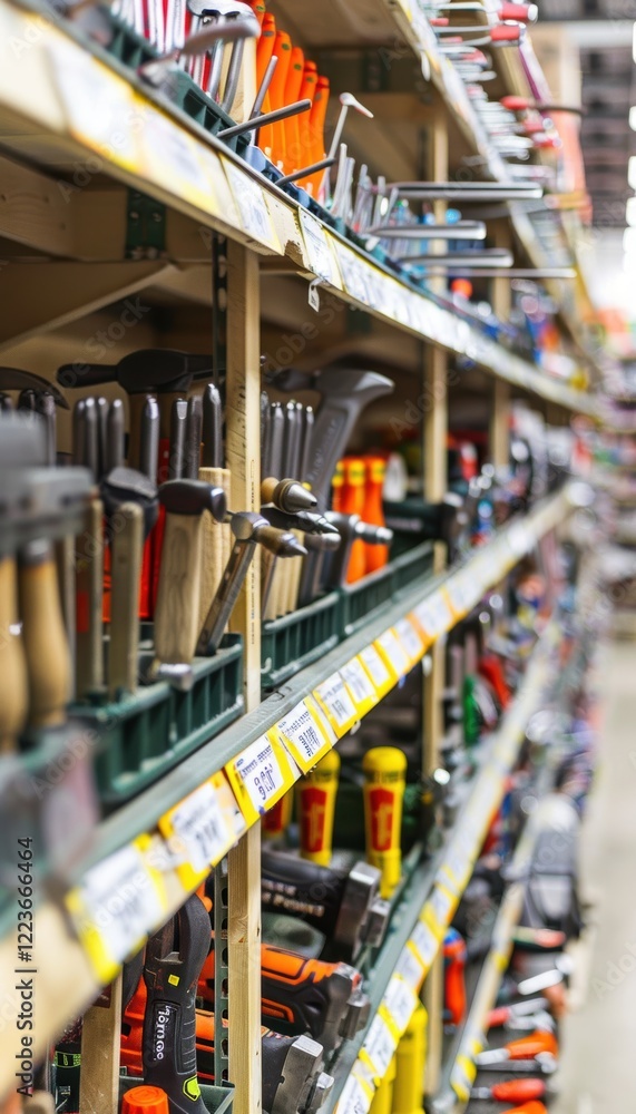 Poster well-organized hardware store aisle displaying a variety of hammers for easy customer selection