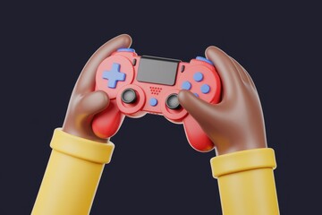 Two cartoon hands holding a red video game controller.