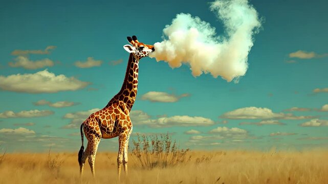 A giraffe eats a cloud from the sky like cotton candy.
