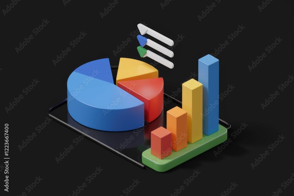 Poster 3d rendered pie chart and bar graph on a transparent background