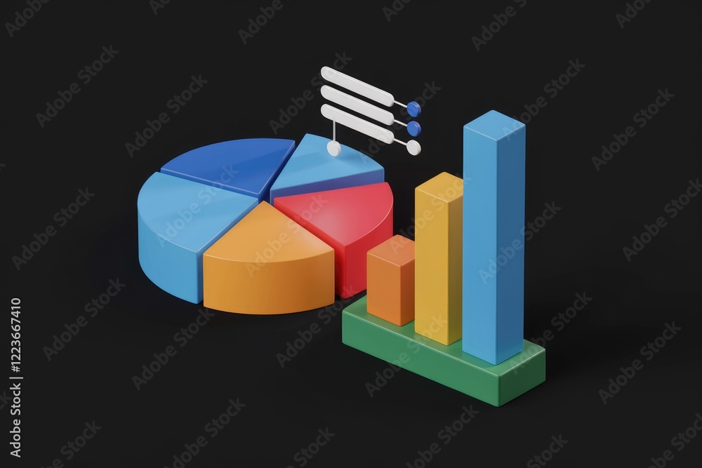 Poster a 3d illustration depicting a pie chart and a bar graph, representing data visualization.