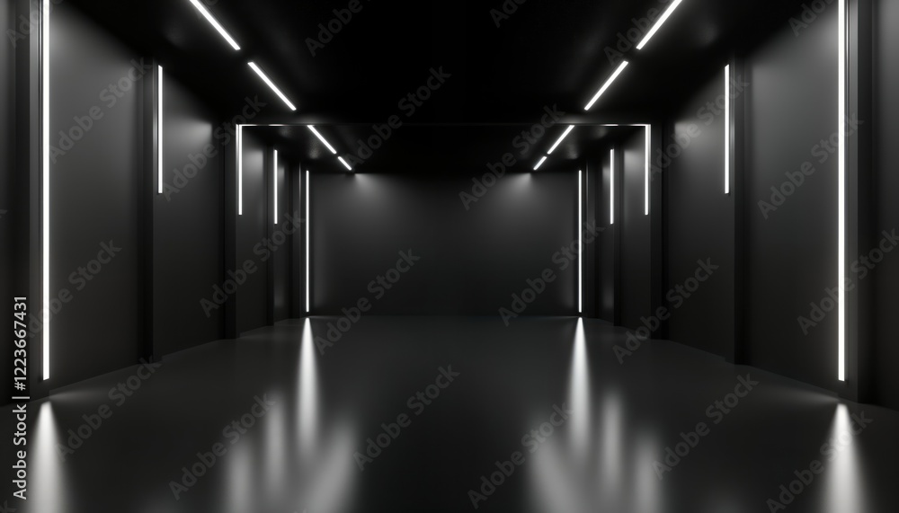 Poster Minimalist black studio environment with bright lights. Dark space features smooth curves, lines. Reflections highlight tech design. Empty space perfect for product presentation advertising visuals.
