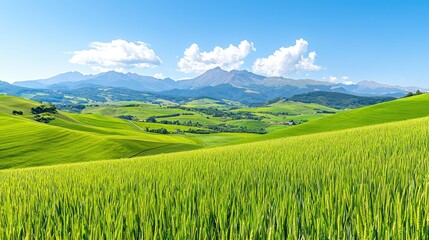 Fototapeta premium Rolling hills, green wheat field, mountain backdrop, sunny day, landscape photography