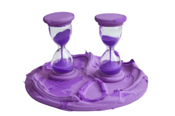 Creative display of two glass hourglasses atop a vibrant purple dough base, capturing the essence of time and playfulness isolated on transparent background