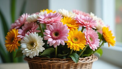 Colorful gerbera daisies in a wicker basket by a window.