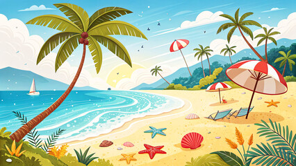 Tropical Beach Scene with Sunset and Activities